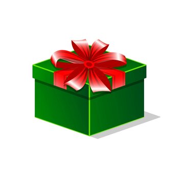 Gift in a green square box with a red ribbon.