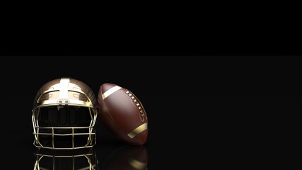 American football Gold-Blown helmet and Gold-Blown Ball under black laser lighting. 3D illustration. 3D CG. 3D high quality rendering.