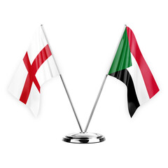 Two table flags isolated on white background 3d illustration, england and sudan