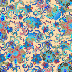Fototapeta na wymiar Watercolor seamless pattern with folky flowers and leaves in ethnic style. Floral decoration. Traditional paisley pattern. Textile design texture.Tribal ethnic vintage seamless pattern. 
