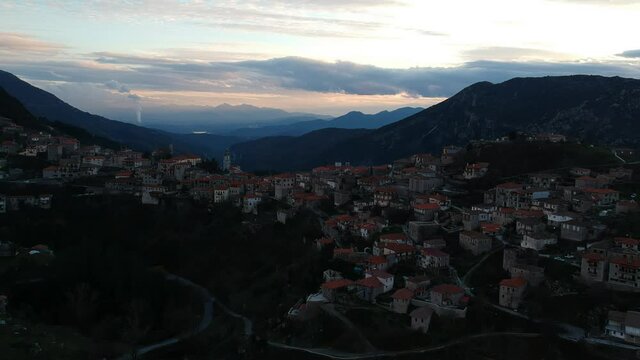 Aerial view over the beautiful historical village Dimitsana during winter period in Arcadia, Peloponnese, Greece
