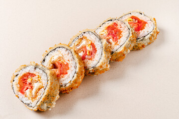 Teriyaki sushi roll isolated on white background.