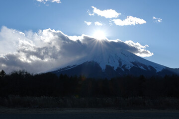 世界遺産　山名湖近くの花の都公園から望むダイヤモンド富士山