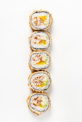 Teriyaki sushi roll isolated on white background.