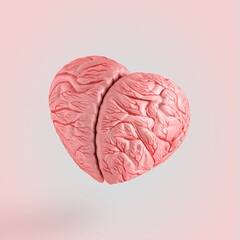 2022. Minimal love symbol scene made of orange-pink heart-shaped brain isolated on pastel beige background. Women’s day or valentine’s day card. Surreal abstract creative concept. Love thoughts idea. - obrazy, fototapety, plakaty