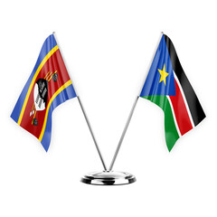 Two table flags isolated on white background 3d illustration, eswatini and south sudan