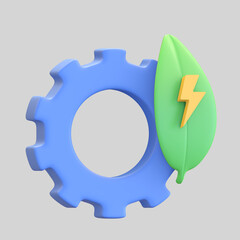 machine gear icon with green leaf eco friendly power symbol 3d render illustration
