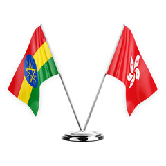 Two table flags isolated on white background 3d illustration, ethiopia and hong kong