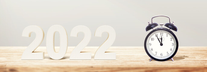 Happy New Year Background with clock. Start to 2022. 3D illustration