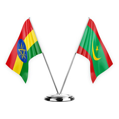 Two table flags isolated on white background 3d illustration, ethiopia and mauritania