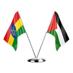 Two table flags isolated on white background 3d illustration, ethiopia and palestine
