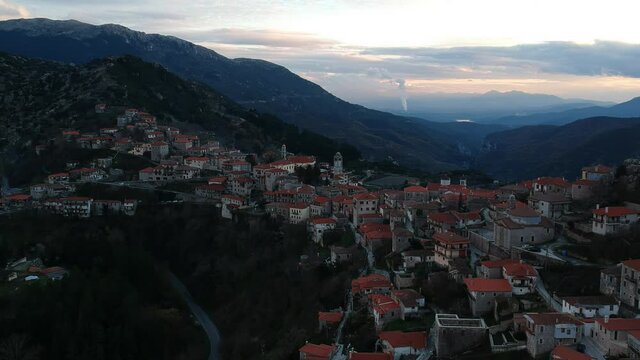 Aerial view over the beautiful historical village Dimitsana during winter period in Arcadia, Peloponnese, Greece