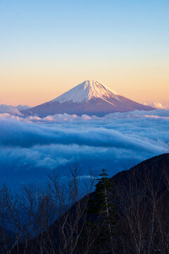 鳳凰三山からの風景　夕焼けの富士山と雲海