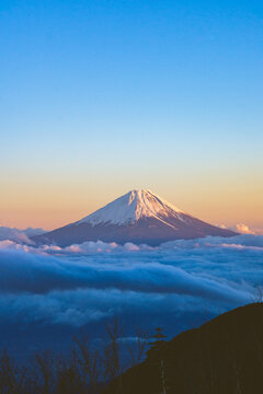 夕焼けに染まる富士山と雲海