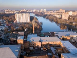 Skyline of historical centre in the fall. View of the old cotton factory. City of Balashikha, Moscow oblast, Russia.