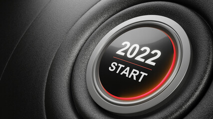 Start 2022. Happy New Year button. 3D illustration