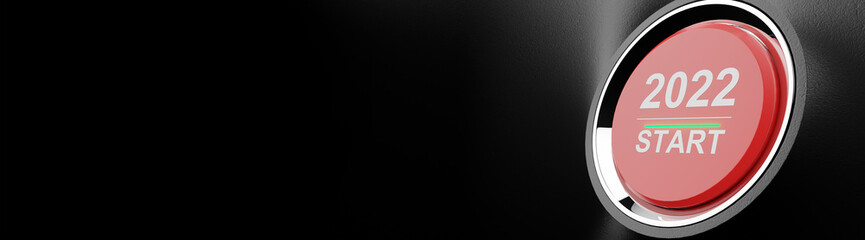 Start 2022. Happy New Year button. 3D illustration