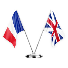 Two table flags isolated on white background 3d illustration, france and britain