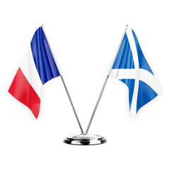 Two table flags isolated on white background 3d illustration, france and scotland