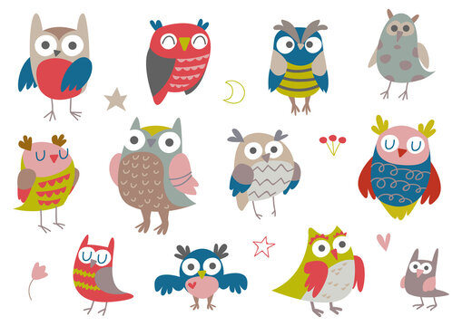 Cute owls, collection of multicolored cartoon birds. A set of owls of different colors and sizes. Childrens vector illustration, isolate.