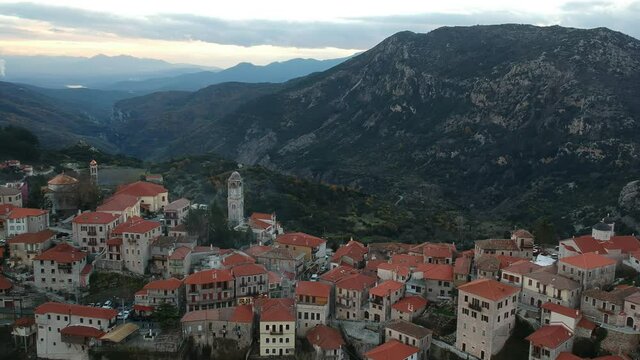 Aerial view over the beautiful historical village Dimitsana during winter period in Arcadia, Peloponnese, Greece