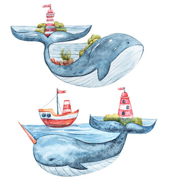 Watercolor cute fantasy whales, fish set. Fairytale Illustration on white background, perfect for pattern, print, fabric, greeting card, wedding invitation, scrapbooking
