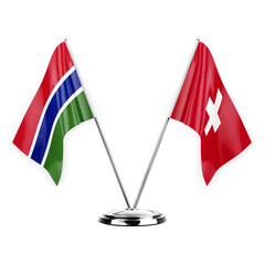Two table flags isolated on white background 3d illustration, gambia and switzerland - obrazy, fototapety, plakaty