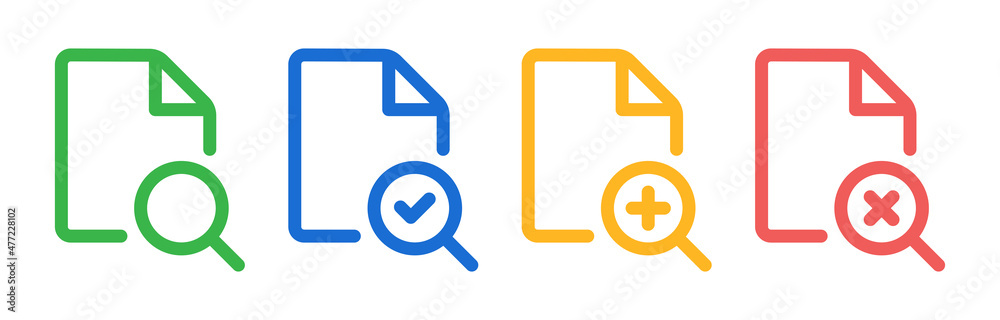 Aufkleber search file document icon set. magnifying glass and document symbol.