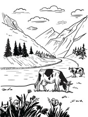 Cows graze in alpine meadows vector illustration