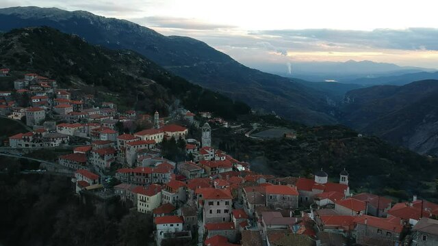 Aerial view over the beautiful historical village Dimitsana during winter period in Arcadia, Peloponnese, Greece