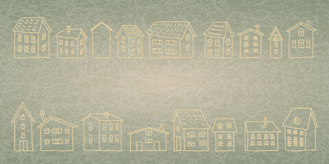 Horizontal textured background with silhouettes of houses. Vector green backdrop with gradient. For banners, posters, wallpapers, etc.