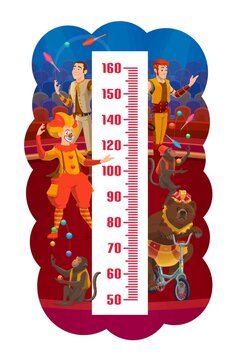 Kids height chart, shapito circus animals and performers growth measure meter vector design. Ruler scale of children, growth measuring sticker with cartoon circus stage, clown, jugglers