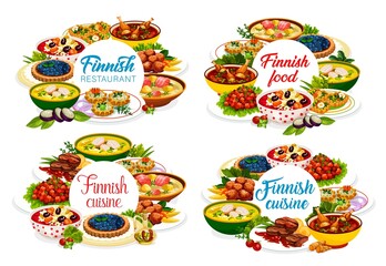 Finnish restaurant cuisine menu cover design with dishes and meals of Finland, vector. Finnish cuisine menu food with meat stew and meatballs, salmon fish soup and blueberry pie with rice porridge