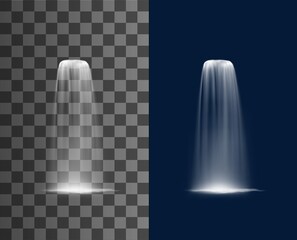 Fototapeta Waterfall cascade of water falling with splashes, vector realistic fountain pour. Water jets of fountain or sprinkle flow with pouring splatters of aqua drips, isolated on transparent background obraz