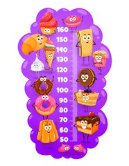 Cartoon sweets, cakes and desserts kids height chart, growth meter. Vector wall sticker with cute cartoon characters meringue, donut, chocolate cookie, ice cream and scale for baby height measurement
