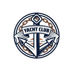 Yacht club vector icon of nautical anchor, sailing ship or boat chain and ribbon banner. Nautical heraldic emblem or badge of sailing and yachting sport, sea travel, journey and marine adventure