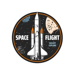 Space shuttle icon. Galaxy exploration, space travel and colonization symbol with rocketship, spacecraft or shuttle spaceship heavy lift carrier in outer space, planets, comet or asteroid