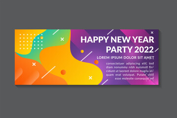 happy new year party 2022 white text on colorful liquid background. realistic festive objects with horizontal layout. combination yellow, blue, pink, purple, and brown color. Shiny party background.
