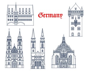 Germany, Nuremberg architecture buildings and travel landmarks, vector churches. St Sebalduskirche or Saint Sebaldus Church, Frauenkirche Church of Our Lady, Sankt Lorenzkirche and Nassauer Haus