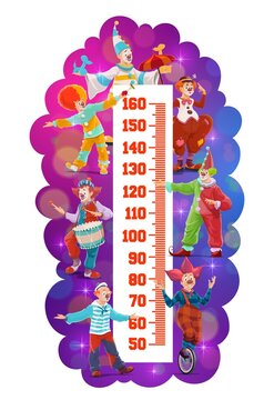 Kids height chart with shapito circus cartoon clowns, vector growth meter. Baby measure scale or height ruler with funfair carnival clowns, jesters and circus jokers with balloon, umbrella and drum