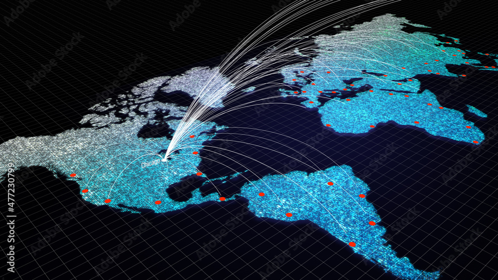 Poster global connectivity from chicago, usa to other major cities around the world. technology and network