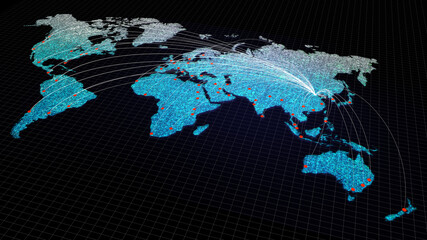 Global connectivity from Beijing, China to other major cities around the world. Technology and network connection, trading and traveling concept. World map element of this clip furnished by NASA