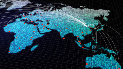 Global connectivity from Beijing, China to other major cities around the world. Technology and network connection, trading and traveling concept. World map element of this clip furnished by NASA