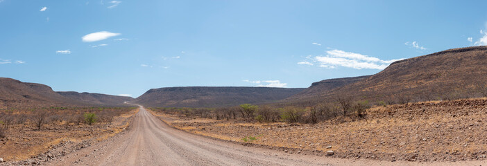 Panoramic view of a desertic Namibian road landscape