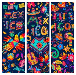 Mexican banners with toucan, parrot and chameleon, hummingbird and poncho, vector. Mexican sombrero, guitar and cactus with floral ornaments of alebrije papercut art pattern of birds and flowers