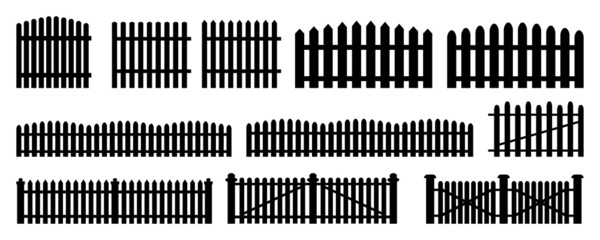 Fence silhouette icon set. Home safety. Black shadow. Contour effect. Wooden hedge. Vector illustration. Stock image. 