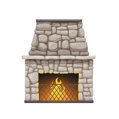 Stone fireplace or fire stove with chimney and burning flames, vector. Modern or classic home fireplace of pebble stones with log wood in fire and mantelpiece, house and room interior furnace