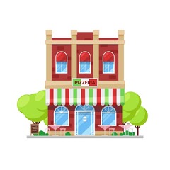 Italian pizzeria building icon. City street restaurant, small local business or family cafe two-storey cartoon vector building with italian flag colors awning, chalkboard menu stand and outdoors seats