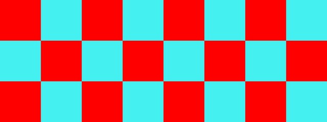 Checkerboard banner. Cyan and Red colors of checkerboard. Big squares, big cells. Chessboard, checkerboard texture. Squares pattern. Background.