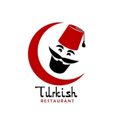 Turkish cuisine chef vector icon of grill food restaurant, cafe or bar. Face of Turkish cook man with black mustache and beard, red fez hat and crescent isolated symbol, emblem or icon - obrazy, fototapety, plakaty